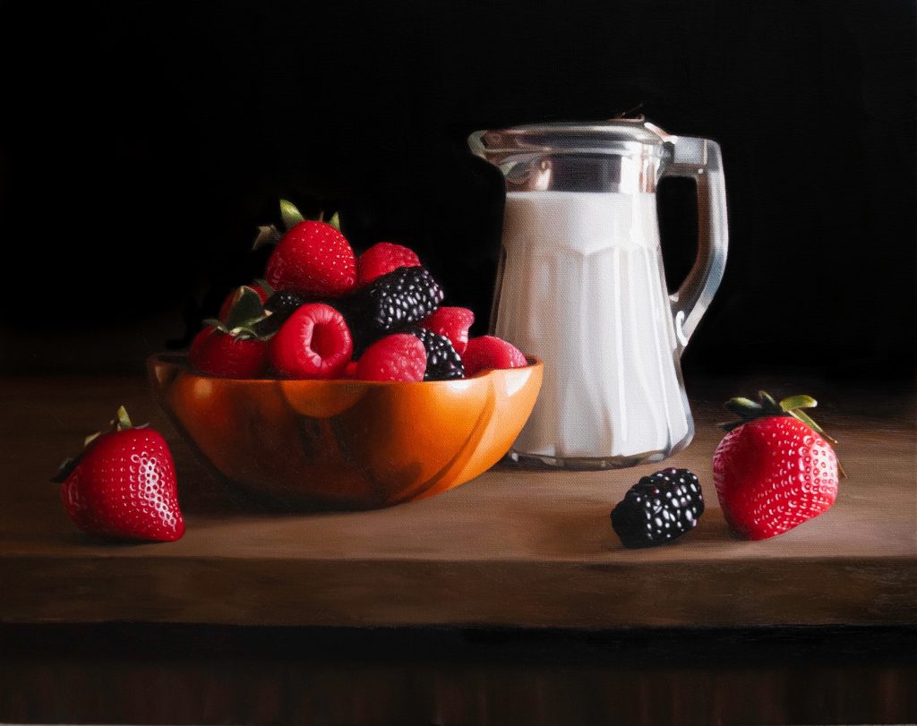 Emily Valentine Hutton - Berries and Cream - Oil on canvas- https://valentinefinearts.com/