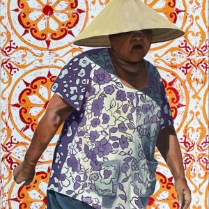 Oil, linoleum print on paper mounted on panel - $350 - tranghuynhstudio.com Trang Huynh - Vietnamese Leaf Hat