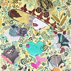 Echoes of Her - front view - Mixed media - Acrylic, Ink, Collage, Asemic Writing & Botanical - https://www.LeftBrainCreative.Art Jane Beisell - Echoes of Her - front view - Mixed media - Acrylic, Ink, Collage, Asemic Writing & Botanical - https://www.LeftBrainCreative.Art