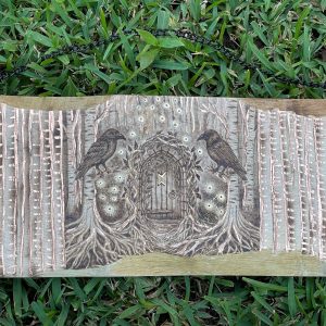 Mandi Gillespie - Hidden Realms - Wood burned by hand on maple, embellished with engraving, 24k gold leaf, and copper leaf- https://www.instagram.com/solacecreationsus/