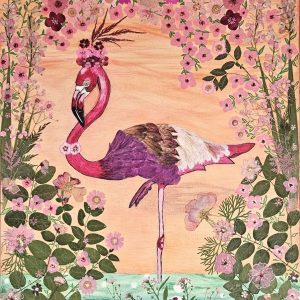 Jane Beisell - Pink Flamingo in Bloom - Mixed Media- https://www.LeftBrainCreative.Art